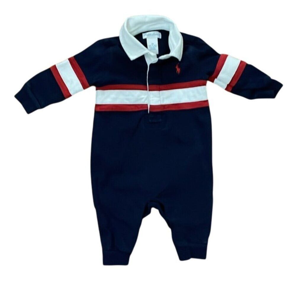Ralph Lauren Navy Cotton Rugby Coverall Bodysuit Infant Size 3M Collared Preppy